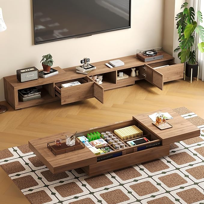 gaoyangjiaju Mid-Century Modern Expandable Coffee Table & TV Stand Set, Walnut Finish – Elegant Storage Combo for Living Room, Bedroom, or Lounge (78.54“ to 103" TV Stand+Coffee Table)