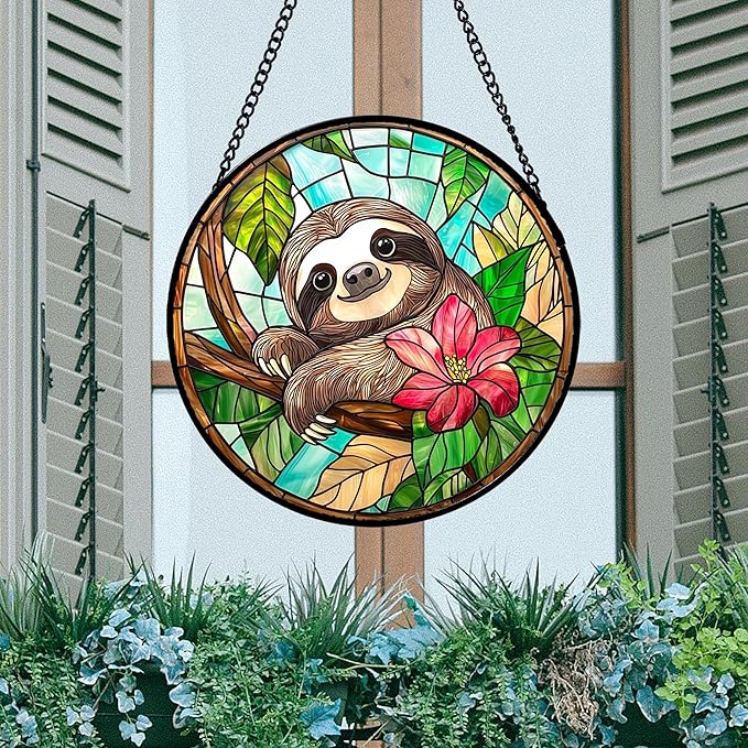AMDERVEN Stained Glass Window Hanging, Cute Sloth Sun Catcher for Door Home Decor Animal Suncatcher Christmas Mother's Day Birthday Gifts for Women Men Mom and Nana 15 in