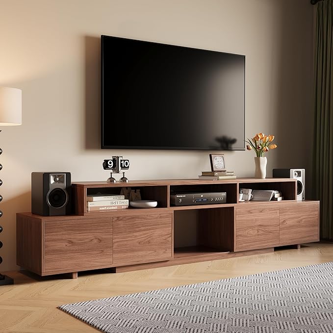 Extendable TV Stand for 65-100 Inches TVs - Walnut Entertainment Console with 2 Cabinets, 3 Open Compartments & 1 Adjustable Shelf, Cable Management, Adjustable Length 63''-94.5'' (Walnut, 63"-94.5")