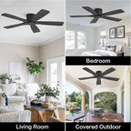 WINGBO 54" Flush Mount DC Ceiling Fans Without Lights, 5 Carved Solid Wood Blades, 6-Speed Reversible DC Motor, Low Profile Hugger Ceiling Fan No Lights for Living Room Bedroom Patio, Matte Black