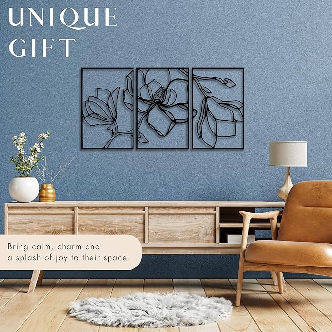 Wita Home Poppy Flower Metal Wall Art, 3-Panel Botanical Line Design, Modern Floral Wall Decor for Living Room, Bedroom, Office, Indoor & Outdoor Display (55×27 inches)