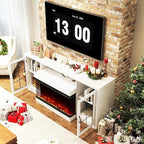 CharaVector 63 inch Fireplace TV Stand for TVs up to 75" with 30" 3-Sided Electric Fireplace, Farmhouse Entertainment Center with Glass Doors & Storage Cabinet, White Oak