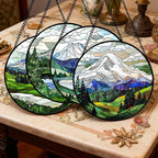 DASTOLL Stained Glass Window Hanging 4 Pcs Set Mountains Lake Green White Landscape 7.8" - Suncatcher Door Garden Sun Catcher Decor Birthday Christmas for Mom Woman Nana Men