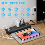 Solidock Power Strip Surge Protector Flat Plug with 20 AC Outlets 6 USB Chagring Ports, 1875W/15A, 2700J, 10 Ft Heavy Duty Extension Cord for Home, Office, Dorm, Gaming,ETL Listed (Black, 10 Feet)