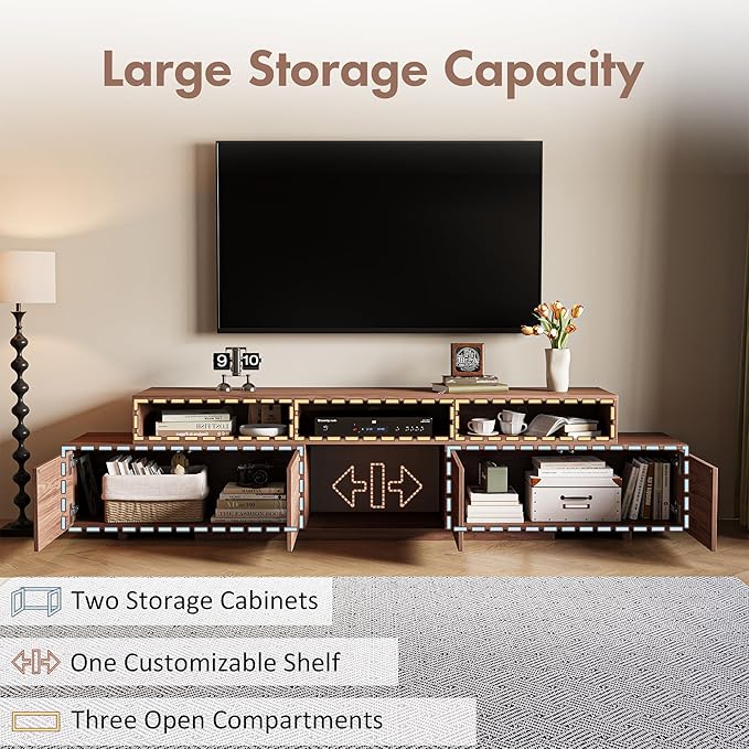 Extendable TV Stand for 65-100 Inches TVs - Walnut Entertainment Console with 2 Cabinets, 3 Open Compartments & 1 Adjustable Shelf, Cable Management, Adjustable Length 63''-94.5'' (Walnut, 63"-94.5")