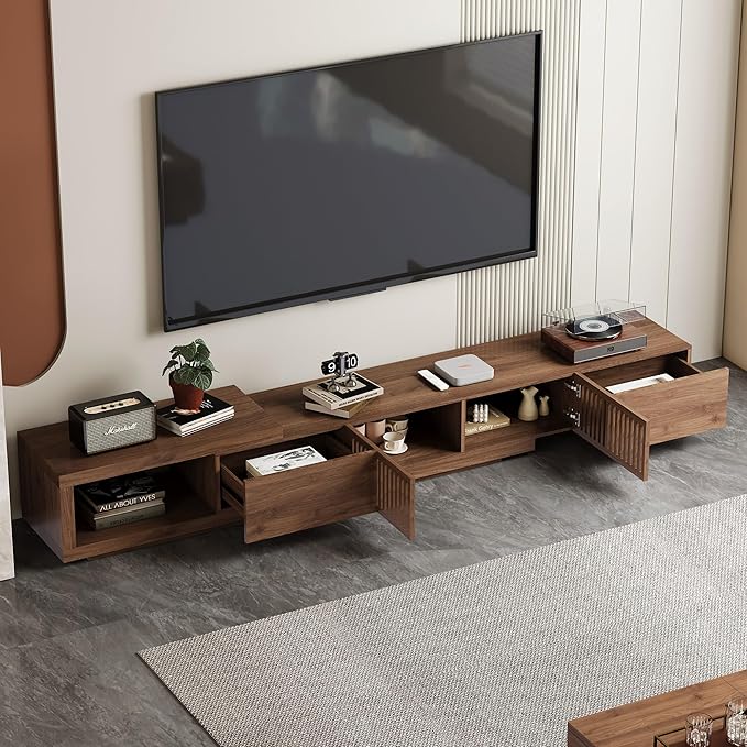 gaoyangjiaju Modern Walnut TV Console for 75+ Inch Screen – Extendable Wood Media Unit (78"-103") with Grille Doors and Drawers, Great for Living Rooms & Bedrooms