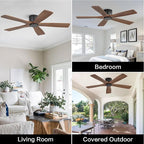WINGBO 54" Flush Mount DC Ceiling Fans without Lights, 5 Carved Solid Wood Blades, 6-Speed Reversible DC Motor, Low Profile Hugger Ceiling Fan No Lights for Living Room Bedroom Patio, Black and Walnut