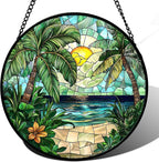 DASTOLL Stained Glass Window Hanging, Green Beach Scenery Suncatcher Diamond Glass Panel Hangings Sun Catchers Decor for Birthday for Women, Men, Wife, Aunt, and Mom 14.9x14.9 in