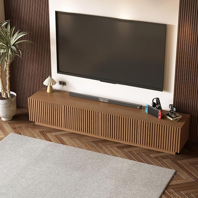 86.61" Mid-Century Modern TV Stand, Walnut Entertainment Center with 4 Doors & Adjustable Shelves, Large Wooden Media Console Cabinet for Living Room & Bedroom, Sturdy & Easy Assembly，Walnut