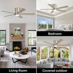 WINGBO 48" DC Flush Mount Ceiling Fan with Lights, 6-Speed Reversible DC Motor, 3CCT, Low Profile Hugger Ceiling Fan for Living Room Bedroom Kitchen, Nickel Finish and Black/Gray Blades
