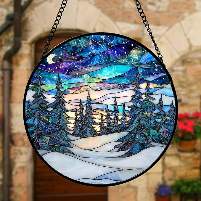 DASTOLL Stained Glass Window Hanging, Starry Sky Trees and Snow Sun Catchers Glass Panel Blue Suncatcher Decor for Birthday for Women, Men, Wife, Aunt, and Mom 9.8 in