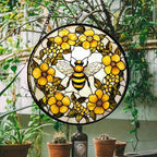AMDERVEN Stained Glass Window Hanging - Yellow Flowers Surrounded by Bees Sun Catcher for Door Garden Home Decor Cute Suncatcher Christmas Mother's Day Birthday Gifts for Women Men Mom Nana 6.3 in