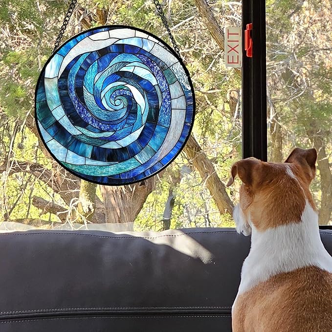 CRISGIF Stained Glass Window Hanging - Blue Abstract Swirl Suncatcher for Doors Garden Patio Unique Sun Catchers Decor Christmas Mother's Day Birthday Gifts for Women Men Mom Nana Friend 11.8 in