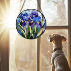 CRISGIF Stained Glass Window Hanging - Blue Purple Iris Flower Suncatcher for Door Garden Patio Sun Catchers Decor Christmas Mother's Day Birthday Gifts for Women Men Mom Nana Aunt Friend 9.8 in