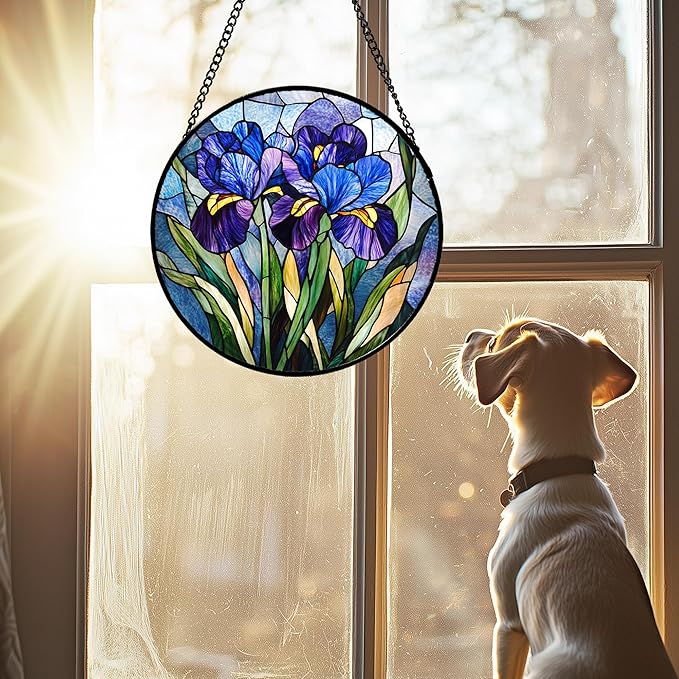 CRISGIF Stained Glass Window Hanging - Blue Purple Iris Flower Suncatcher for Door Garden Patio Sun Catchers Decor Christmas Mother's Day Birthday Gifts for Women Men Mom Nana Aunt Friend 9.8 in