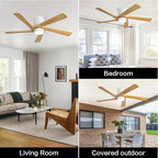 WINGBO 48 Inch Flush Mount DC Ceiling Fan with Lights and Remote, 5 Reversible Carved Wood Blades, 6-Speed Noiseless DC Motor, Hugger Ceiling Fan in White Finish with Oak Blades, ETL Listed