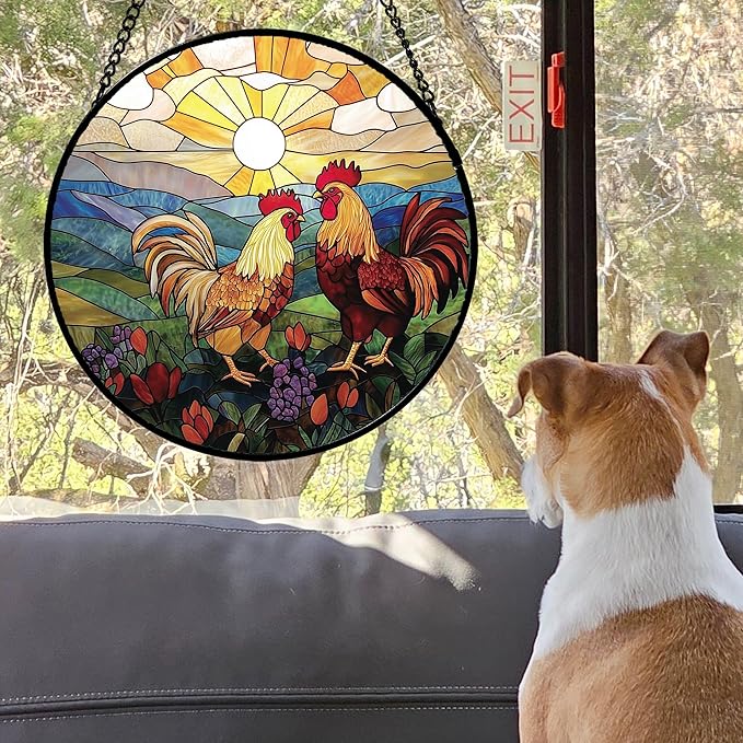 AMDERVEN Stained Glass Window Hanging, Countryside Scenery Chicken Sun Catcher for Door Home Decor Sunrise Suncatcher Christmas Mother's Day Birthday Gifts for Women Men Mom Nana 9.8 in