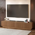 86.61" Mid-Century Modern TV Stand, Walnut Entertainment Center with 4 Doors & Adjustable Shelves, Large Wooden Media Console Cabinet for Living Room & Bedroom, Sturdy & Easy Assembly，Walnut