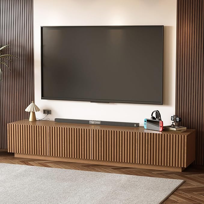 86.61" Mid-Century Modern TV Stand, Walnut Entertainment Center with 4 Doors & Adjustable Shelves, Large Wooden Media Console Cabinet for Living Room & Bedroom, Sturdy & Easy Assembly，Walnut