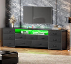Huuger 78.7 Inch TV Stand for 75, 80 Inch TV, 11 Drawer Long Dresser with Power Outlets and LED Lights, Entertainment Center with Storage, Black Dresser with PU Leather Surface
