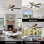 WINGBO 48" DC Flush Mount Ceiling Fan with Lights, 6-Speed Reversible DC Motor, 3CCT, Low Profile Hugger Ceiling Fan for Living Room Bedroom Kitchen, Brass Finish and Black/White Blades