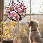 CRISGIF Stained Glass Window Hanging - Cherry Blossoms Birth Flower Suncatcher for Door Garden Patio Sun Catchers Decor Christmas Mother's Day Birthday Gifts for Women Mom Nana Friend Wife 9.8 in