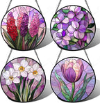 DASTOLL Stained Glass Window Hanging 4 Pcs Set Purple Flower Theme Large 11.8" - Tulip Suncatcher Door Garden Sun Catcher Decor Birthday Christmas for Plant Lovers Woman Nana Men