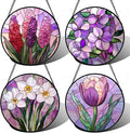 DASTOLL Stained Glass Window Hanging 4 Pcs Set Purple Flower Theme 6.3" - Tulip Suncatcher Door Garden Sun Catcher Decor Birthday Christmas for Plant Lovers Woman Nana Men