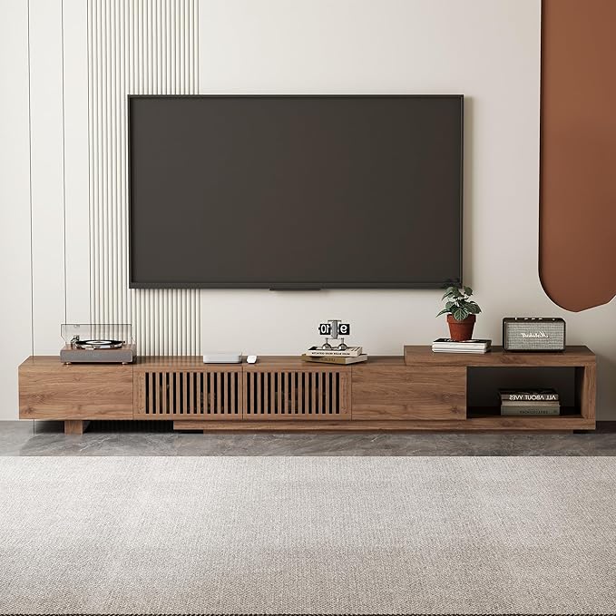 gaoyangjiaju Modern Walnut TV Console for 75+ Inch Screen – Extendable Wood Media Unit (78"-103") with Grille Doors and Drawers, Great for Living Rooms & Bedrooms