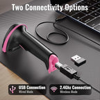 Tera Barcode Scanner Wireless Versatile 2-in-1 (2.4Ghz Wireless+USB 2.0 Wired) with Battery Level Indicator, 328 Feet Transmission Distance Rechargeable 1D Laser Bar Code Reader Handheld 5100 Pink