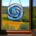 CRISGIF Stained Glass Window Hanging - Blue Abstract Swirl Suncatcher for Doors Garden Patio Unique Sun Catchers Decor Christmas Mother's Day Birthday Gifts for Women Men Mom Nana Friend 9.8 in