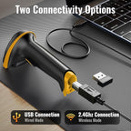 Tera Barcode Scanner Wireless Versatile 2-in-1 (2.4Ghz Wireless+USB 2.0 Wired) with Battery Level Indicator, 328 Feet Transmission Distance Rechargeable 1D Laser Bar Code Reader Handheld 5100 Yellow