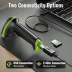 Tera Barcode Scanner Wireless Versatile 2-in-1 (2.4Ghz Wireless+USB 2.0 Wired) with Battery Level Indicator 328 Feet Transmission Distance Rechargeable 1D Laser Bar Code Reader USB Handheld (Green)