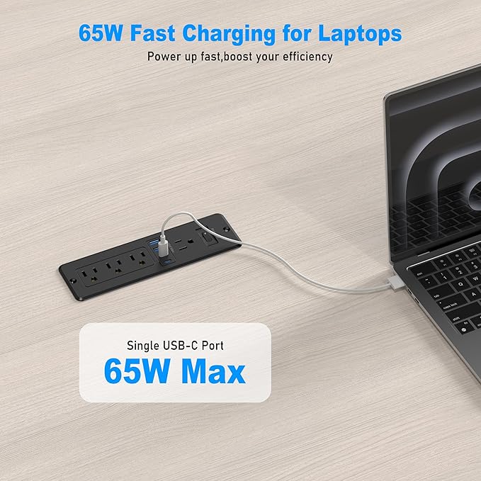 65W USB C Recessed Power Strip, Flush Mount Desktop Recessed Outlet with 4AC & 2 PD GaN USB C & 2 USB-A Ports, Furniture Hidden Drawer Fast Charging Station for Home Office