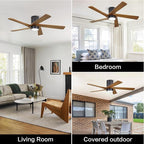 WINGBO 54 Inch Flush Mount DC Ceiling Fan with Lights and Remote, 5 Reversible Carved Wood Blades, 6-Speed Noiseless DC Motor, Hugger Ceiling Fan in Matte Black Finish with Walnut Blades, ETL Listed