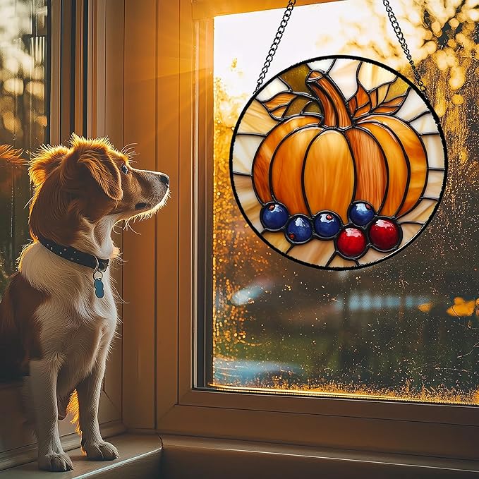 DASTOLL Stained Glass Window Hanging Fall Pumpkin Berries Large 11.8" - Suncatcher Door Garden Kitchen Sunroom Sun Catcher Autumn Home Decor Birthday for Mom Grandma Men Woman