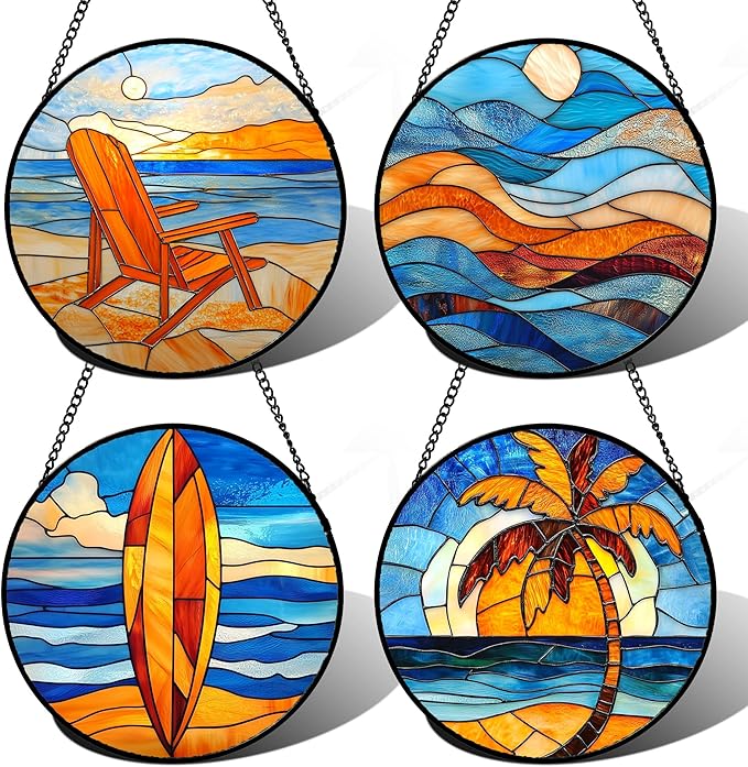DASTOLL Stained Glass Window Hanging 4 Pcs Set Blue Orange Ocean Beach Theme 6.3" - Suncatcher Door Garden Sun Catcher Decor Birthday Christmas for Mom Woman Nana Men Wife
