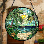 DASTOLL Stained Glass Window Hanging, Green Beach Scenery Suncatcher Diamond Glass Panel Hangings Sun Catchers Decor for Birthday for Women, Men, Wife, Aunt, and Mom 6.3 in