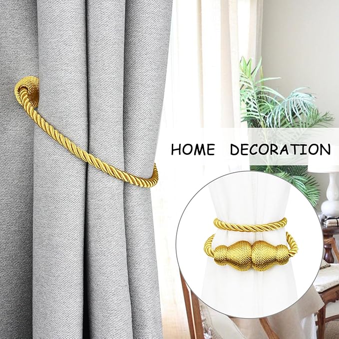 Nieffeiy Magnetic Curtain Tiebacks Outdoor Curtain Tie Backs Rope Decorative Magnetic Curtain Holders for Drapes Window Treatment Holdbacks, Gold 6Pack