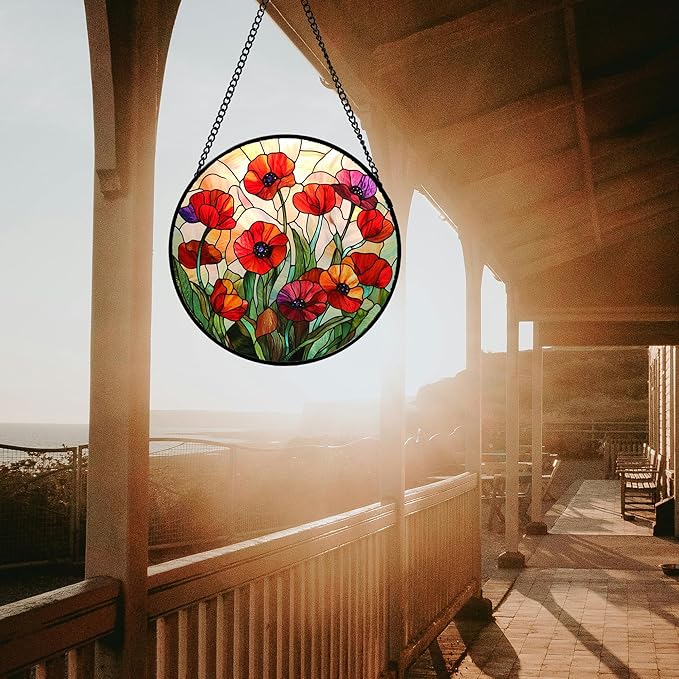 CRISGIF Stained Glass Window Hanging - Poppy Birth Flowers Suncatcher for Door Garden Yard Wildflowers Sun Catchers Decor Christmas Mother's Day Birthday Gifts for Women Mom Nana Friend 9.8 in