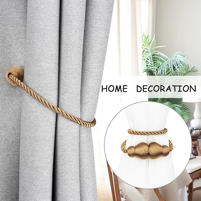 Nieffeiy Magnetic Curtain Tiebacks Outdoor Curtain Tie Backs Rope Decorative Magnetic Curtain Holders for Drapes Window Treatment Holdbacks, Khaki 6Pack