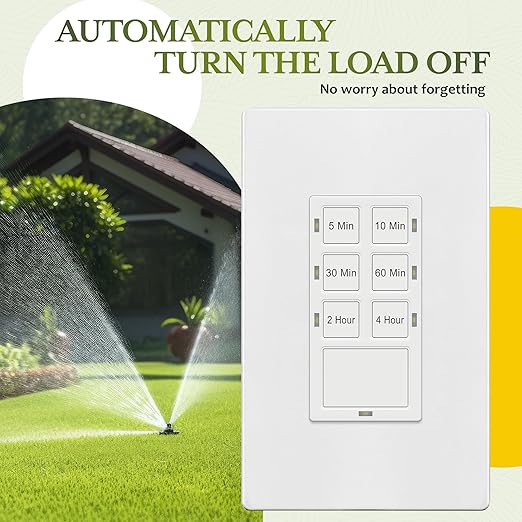 TG 4-Hour No Neutral Countdown Timer Switch, 5-10-30-60 Min, 2-4 Hour, for Bathroom Fans, Lights, 120VAC, Ground Wire Required, UL Listed, TS-C4HG, Screwless Wall Plate, White