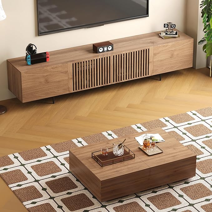 gaoyangjiaju Mid-Century Modern 94.48" TV Stand and Expandable Coffee Table Set, Large Walnut Entertainment Center with Storage for Living Room and Bedroom Furniture Decor