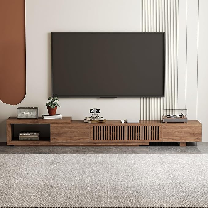 gaoyangjiaju Modern Walnut TV Console for 75+ Inch Screen – Extendable Wood Media Unit (78"-103") with Grille Doors and Drawers, Great for Living Rooms & Bedrooms