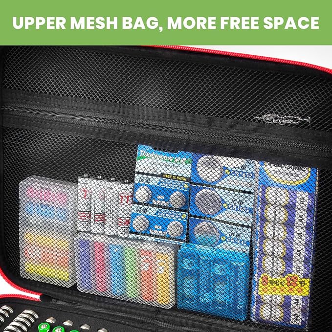 Battery Organizer Storage Holder Case Box with Tester Checker BT-168. Holds 225 Batteries AA AAA C D Cell 9V 3V Lithium (Red)
