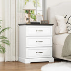 Nightstand Set of 2,24" Wide End Table with 3 Large Drawers & Metal Handles,Rustic Farmhouse Wood Small Dresser,Bedside Table,Modern Chest of Drawers for Bedroom,Living Room,White