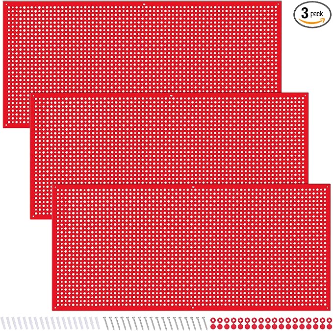 Daanxw Pegboard Rack Garage Storage Steel Horizontal PegBoard Pack,Steel Pegboard Heavy Duty- 3 Pack 16-Inch X 36-Inch Metal Peg Board Tool Organization Panels (Red)