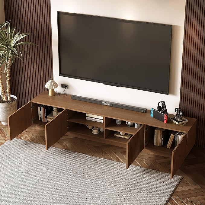 86.61" Mid-Century Modern TV Stand, Walnut Entertainment Center with 4 Doors & Adjustable Shelves, Large Wooden Media Console Cabinet for Living Room & Bedroom, Sturdy & Easy Assembly，Walnut