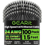 GEARit Cat 6 Ethernet Cable Pack - 100-Pack 1.5 ft Cat6 Ethernet Patch Cables | RJ45 Network Patch Cable, 10 Gbps Snagless Gold-Plated Connectors - Ethernet Cable Cat 6 for PC, TV, Router - Black