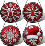 DASTOLL Stained Glass Window Hanging 4 Pcs Set Red Christmas Decorations Theme 6.3" - Suncatcher Door Garden Sun Catcher Decor Birthday for Mom Woman Nana Men Friend Wife